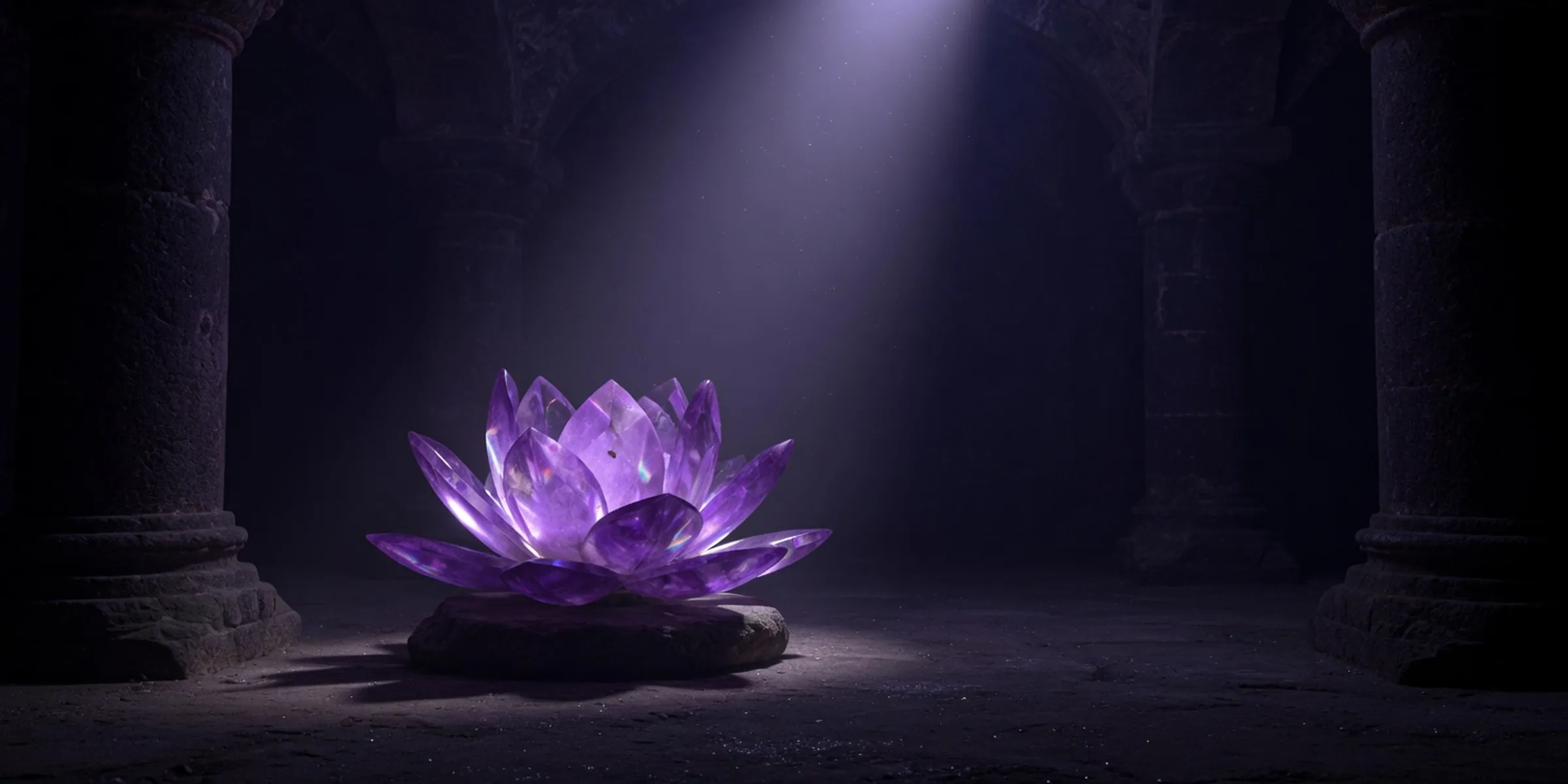 A crystal lotus on a stone plinth in a dark vault, under a single beam of light.