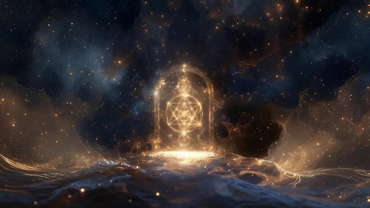 Luminous geometric portal over a cosmic sea
